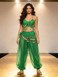 Banquet Dance Party Belly Dance Ornate Coin Sequin Halter Top With Waist Sash, Shimmer Dot Mesh Harem Pants For Themed Event And Stage Performance - Multicolor - View 8