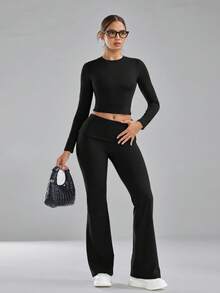 imisic Women's Slim Fit Long Sleeve 2 Pieces Loungewear Set, Folded Waist Flare Pants, Soft Elastic Tummy Control Shaping Sleepwear Set - Black - View 2