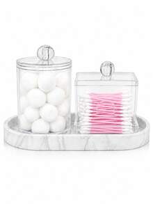Clear Acrylic Makeup Pad And Swab Storage Set With Marble-Look Silicone Tray, Cosmetic Storage Containers With Lids For Bathroom Countertops And Vanities, Dressing Table Organizer For Beauty Accessories And Personal Care Essentials - Multicolor - View 1