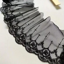 1/5碼黑白荷葉邊薄紗蕾絲飾邊，寬13.5cm，玫瑰花卉刺繡網布貼花，DIY縫製補丁，內衣配件，娃娃洋裝裝飾，手工服飾用品，衣物下擺飾邊，手工藝緞帶 - 多色C - 查看 6