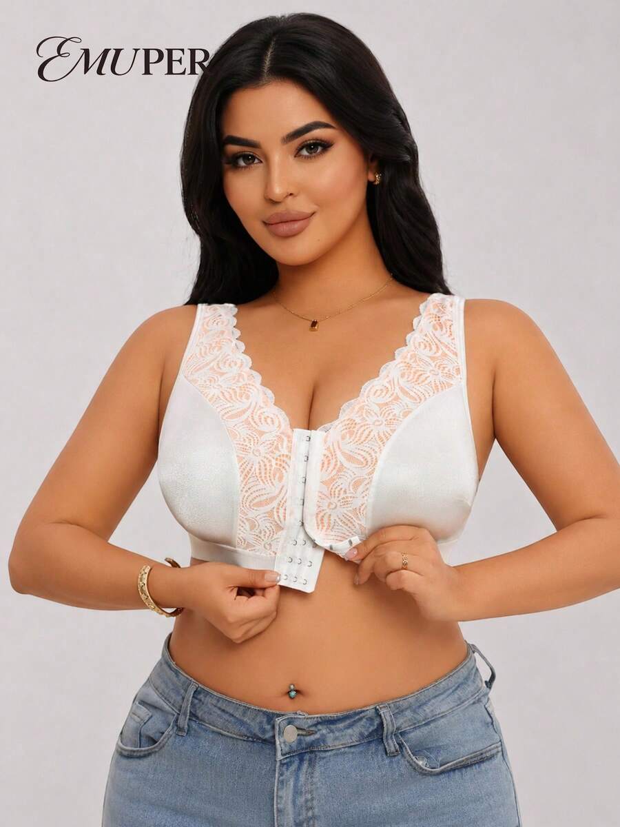 1 pieza Sujetador sin costuras con cierre delantero de encaje y sin aros, sujetador elástico sin espalda para mujeres de talla grande - Blanco - Ver 1
