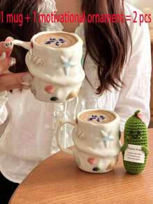 300ml Creative Summer Shell Embossed Ceramic Coffee Cup And Inspirational Decor Set/Single Item, Pure Handmade Hand-Painted Ceramic Mug, Cute Niche Drinking Cup, Latte Art Cup, Girly Gift Cup, Vintage 3D Hand-Painted Casual Cup, Starfish Shell Asymmetrical Ceramic Mug, Creative Tea Cup - Multicolor - View 13