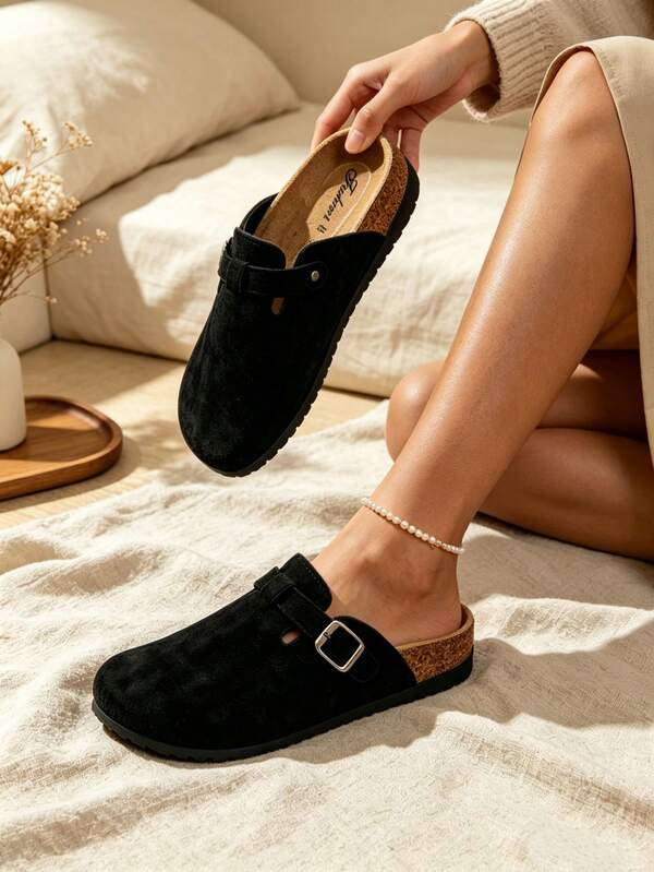 Zapatos de mujer de punta cerrada nuevos para el verano, chanclas de moda, chanclas negras, sandalias con hebilla de metal, chanclas de mujer de punta redonda con hebilla cuadrada de moda, zapatos de mujer de punta cerrada suaves, chanclas tipo mule, chanclas, chanclas de mujer, sandalias de mujer, chanclas, chanclas de verano, zapatos para compras & vacaciones, zapatos planos de mujer