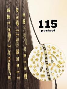 115件套合金太陽主題混色髮環髮飾，星星、葉子、愛心造型辮髮飾品，適合女孩與女性 - 金色 - 查看 2
