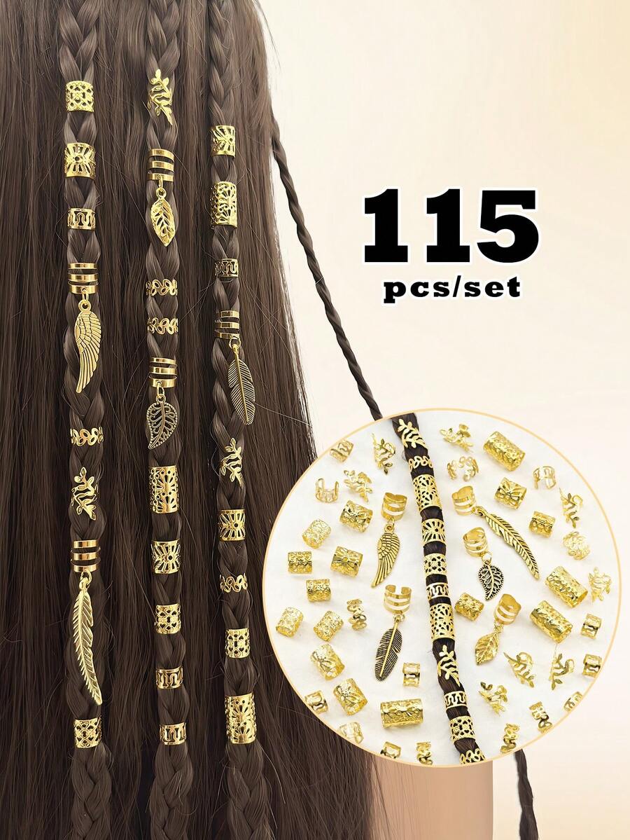 115件套合金太陽主題混色髮環髮飾，星星、葉子、愛心造型辮髮飾品，適合女孩與女性
