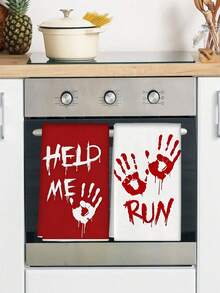 2pcs Halloween Hand Towels HELP ME, RUN, Scary Blood Handprint Design, Kitchen And Restaurant Decor, Outdoor Party Supplies, Suitable For Halloween Kitchen And Bathroom Decoration - Multicolor - View 10
