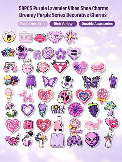 50Pcs Ins Vibe Purple Aesthetic Shoe Charms, Premium Odorless Glossy PVC, Multi-Functional DIY Ornaments For Girls Elegant Daily Outfits