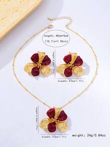 3pcs/Set Vintage Burgundy Oil-Drip Three-Petal Flower Set Earrings Necklace Embossed Texture Metal Flower Luxury Banquet Dress Accessories - Burgundy - View 2