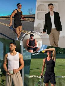 Mens Compression Shirt Shapewear Tank Top Slimming Vest Tummy Control Chest Body Shaper Undershirts Base Layer Sports Gym Fitness Workout Underwear - 黑色 - 查看 7