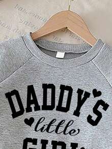 Girls Letter Print Round Neck Long Sleeve Top And Wide Leg Pants With Bow Decor, Autumn/Winter - Grey - View 3