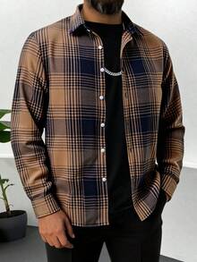 男士長袖法蘭絨格紋襯衫，厚款灰色商務休閒秋冬款 - 摩卡棕 - 查看 1