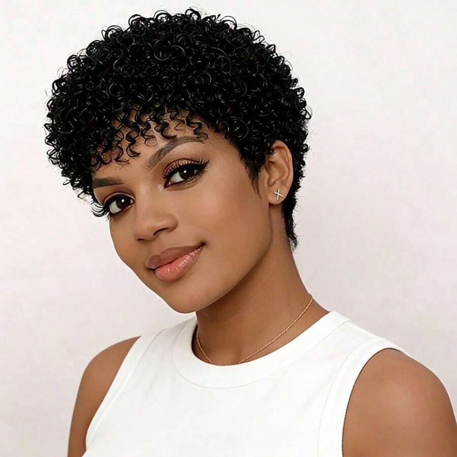 200% Density African Curly Short Wig With Bangs, Skin Tone, Glueless Rose Net Cap, Suitable For Daily Wear, Holidays, Mother's Day, Carnival, Christmas And New Year (Machine Made) - Natural Black - View 1