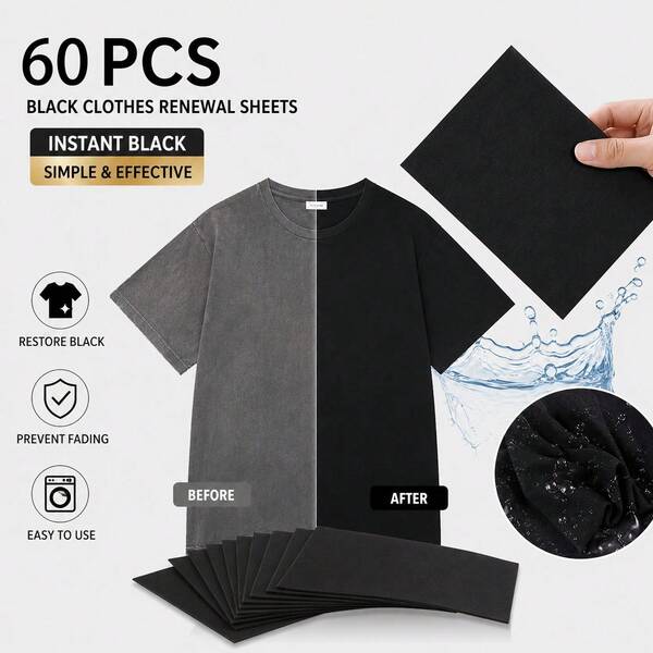 60pcs Black Clothing Color Enhancer Sheets, Made Of Non-Woven Fabric, Can Revitalize Faded Fabrics, Enhance Color Depth And Add Subtle Gloss, A Simple And Effective Way To Keep Clothes Looking New