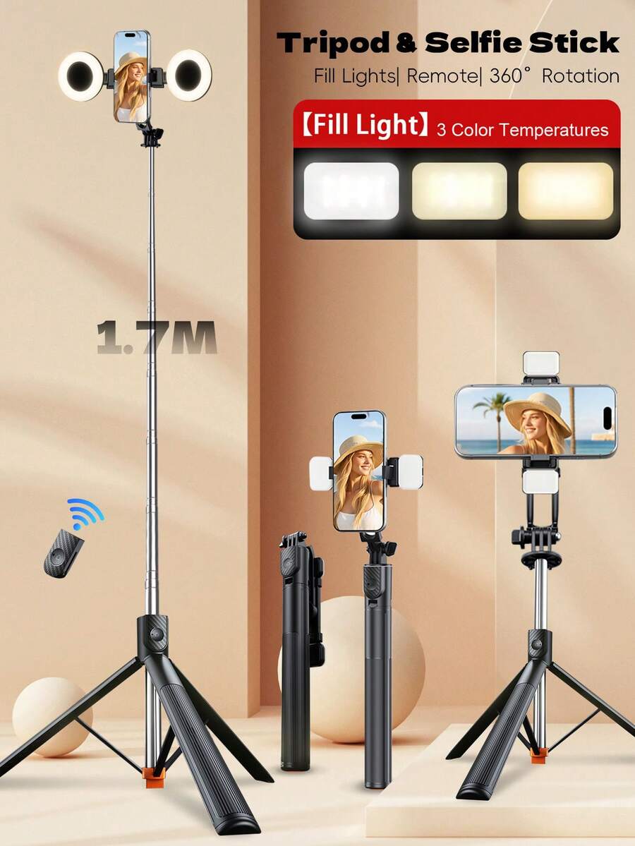 7-Meter Extendable Selfie Pole Tripod, Dual Lighting Fixtures, One-Click Pop-Up Folding Mobile Phone Stand, 360° Rotating 180° Mobile Phone Holder, 10M Wireless Bluetooth Remote Control, Portable 29CM Compact Travel Selfie Pole. - Multicolor - View 1