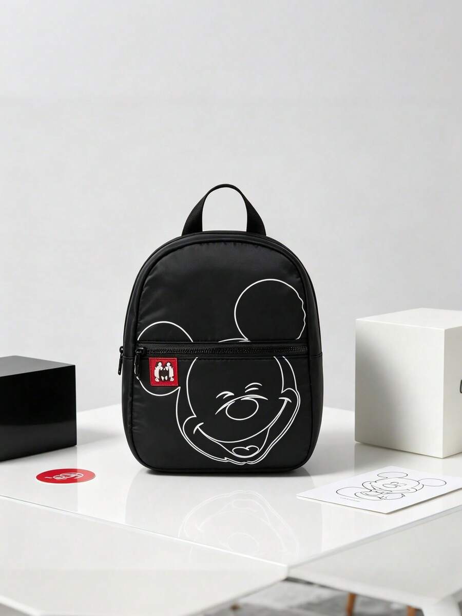 Disney 1pc Mickey Mouse Line Print Backpack, Black Nylon School Daypack With Square Tag, Multi-Pocket Casual Rucksack, Lightweight Bookbag, Suitable For Girls/Students/Teenagers/Young People/Fans, Ideal For Back To School/Daily Outings/Shopping! - Black Line Mouse Backpack - View 1