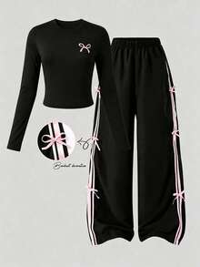 Youth Girl Cartoon Print Crew Neck Long Sleeve Top And Pants - Black - View 1