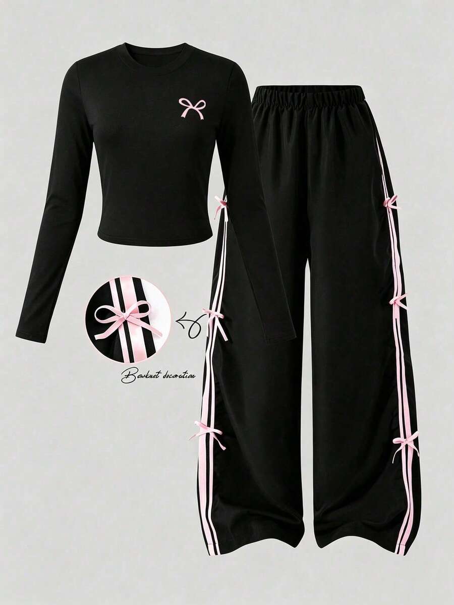 Youth Girl Cartoon Print Crew Neck Long Sleeve Top And Pants - Black - View 1