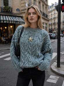 2026 Autumn/Winter Cable Knit Pullover Sweater Coat Inner Layer Design Soft Plush Faux Fur Top For Women - Mint Blue - View 3