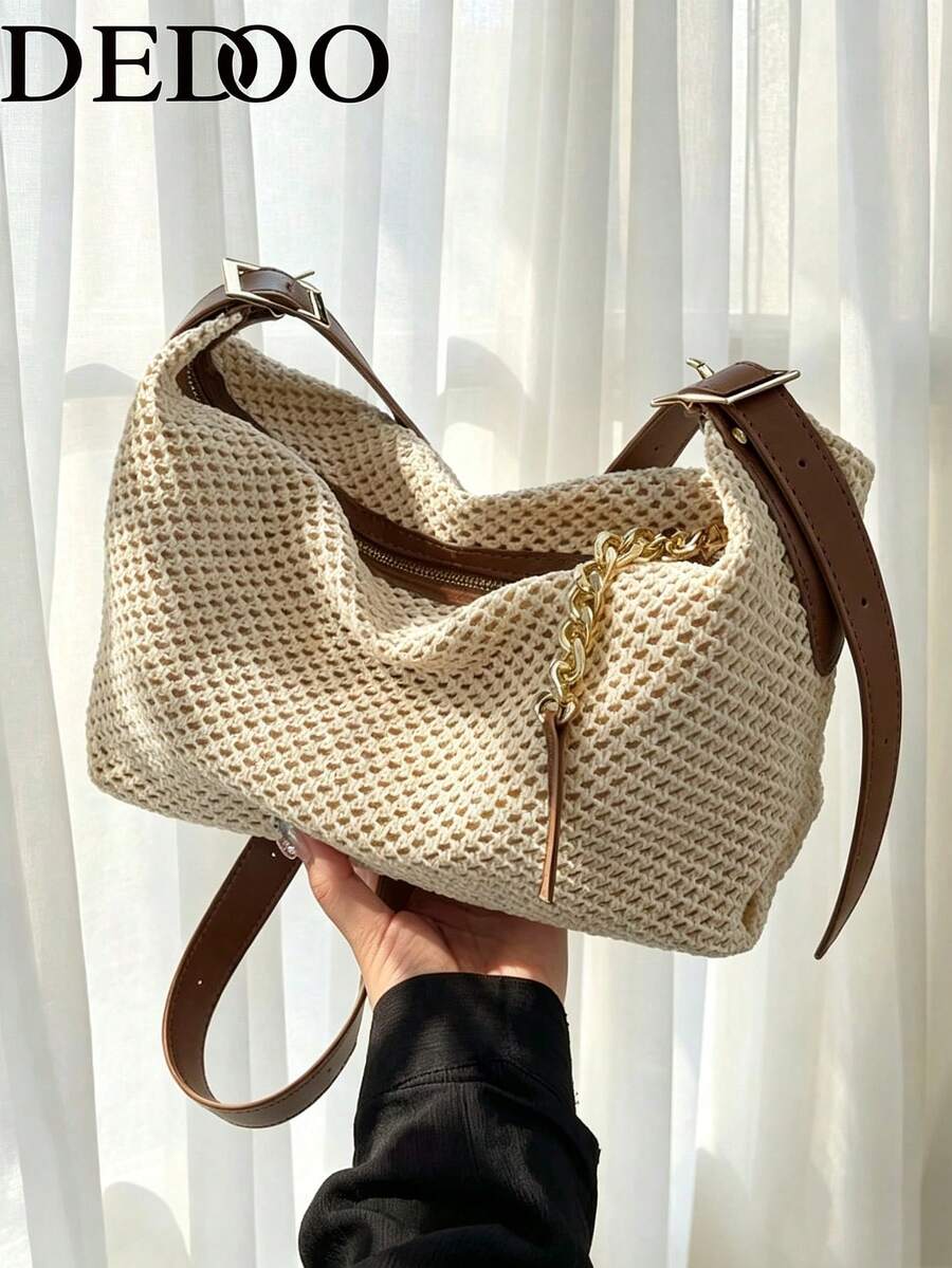 Dedoo Fashionable Summer Straw Bag, Minimalist Retro Chain Zipper Shoulder Bag, Beige Color, Essential For Vacation, Perfect For Travel, Beach Outing, Eye-Catching Summer Straw Beach Bag For Women ,Holiday