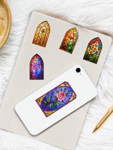 50Pcs PET Vintage Church Stained Glass PET Decor Stickers, Watercolor Illustrations Of Gothic Arch Floral Window With Roses, Peonies And Tulips, For Journal, Water Bottle, Luggage, Picnic DIY Decor - 7*6*1 - View 7