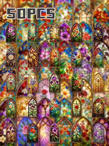 50Pcs PET Vintage Church Stained Glass PET Decor Stickers, Watercolor Illustrations Of Gothic Arch Floral Window With Roses, Peonies And Tulips, For Journal, Water Bottle, Luggage, Picnic DIY Decor - 7*6*1 - View 8