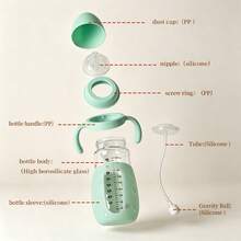 1個 260ml 玻璃嬰兒奶瓶，附隔熱墊，耐熱高達 400°C，適用於沸水、蒸汽和 UV 殺菌，柔軟矽膠防脹氣奶嘴，易吸吮、耐咬，配重球吸管讓餵哺更順暢，適合 6 個月及以上嬰兒 - 彩色 - 查看 6