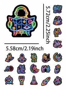 54 Stücke Cooles Neon-Umriss-Weltraum-Sticker-Set, bedruckte leuchtende Linien Astronaut Alien UFO Planet Ästhetik Aufkleber, wasserfeste Vinyl-Sticker für Teenager Jungen Notizbuch Tasse Sammelalbum Laptop Handyhülle Weltraum-Liebhaber Geschenk Dekoration - Mehrfarbig - Übersicht 4