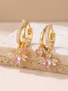 1 Pair Sweet Cool Pink Zirconia Heart Teardrop Wing Double Pendant Double Layer Earrings, Suitable For Women's Spring Date And Daily Wear - Wing - View 9
