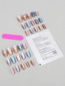 30pieces Press On Nails Short Square Cat Eye Press On Nails With Yellow Star And Polka Dot Pattern Shimmer Fake Nails Kit With Jelly Glue And Nail File False Nails Set For Women Girls Daily Wear Suitable For Gatherings, Festivals, And Daily Use - Multicolor - View 3