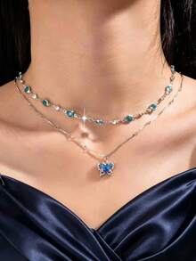 2 piezas/Set Collar con colgante de mariposa de strass en capas, conjunto de collar de moda para adolescentes - Estilo 3 - Ver 5