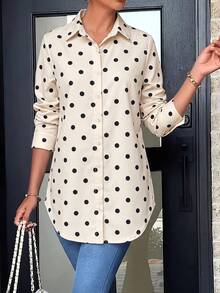 Blus Lengan Panjang Motif Polkadot untuk Wanita, Kancing Depan, Hem Asimetris, Bahan Poliester - MultiWarna - View 7