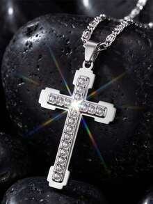 Rhinestone Cross Pendant Necklace For Women Men Gold Stainless Steel Chain Jesus Cross Jewelry, Bling Religious Fashion Necklace Gift - Gold - View 4