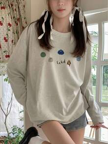Kaos Lengan Panjang Wanita Model Longgar Serbaguna dengan Motif Huruf & Kartun, Leher Bulat, Gaya Kasual, Cocok untuk Musim Semi/Gugur - Abu-abu muda - View 5