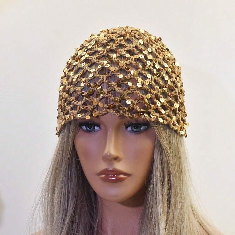 1pc New Adult Hollow Out Sequin Handmade Hat, Solid Color Cotton Yarn Hair Cap, Fashionable Fishnet Headwear For Styling - Multicolor - View 1