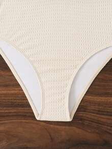 Traje de baño de una pieza sexy para mujer con cuello halter y lazo, sin mangas, corto de punto, estilo casual de playa para vacaciones de verano, con recortes - Albaricoque - Ver 8