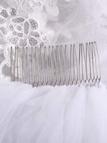 1pc Lace Sequin Trim Faux Pearl Decorated Long Cathedral Length Bridal Veil With Hair Comb, Wedding Dress Photography Accessory - White - View 9