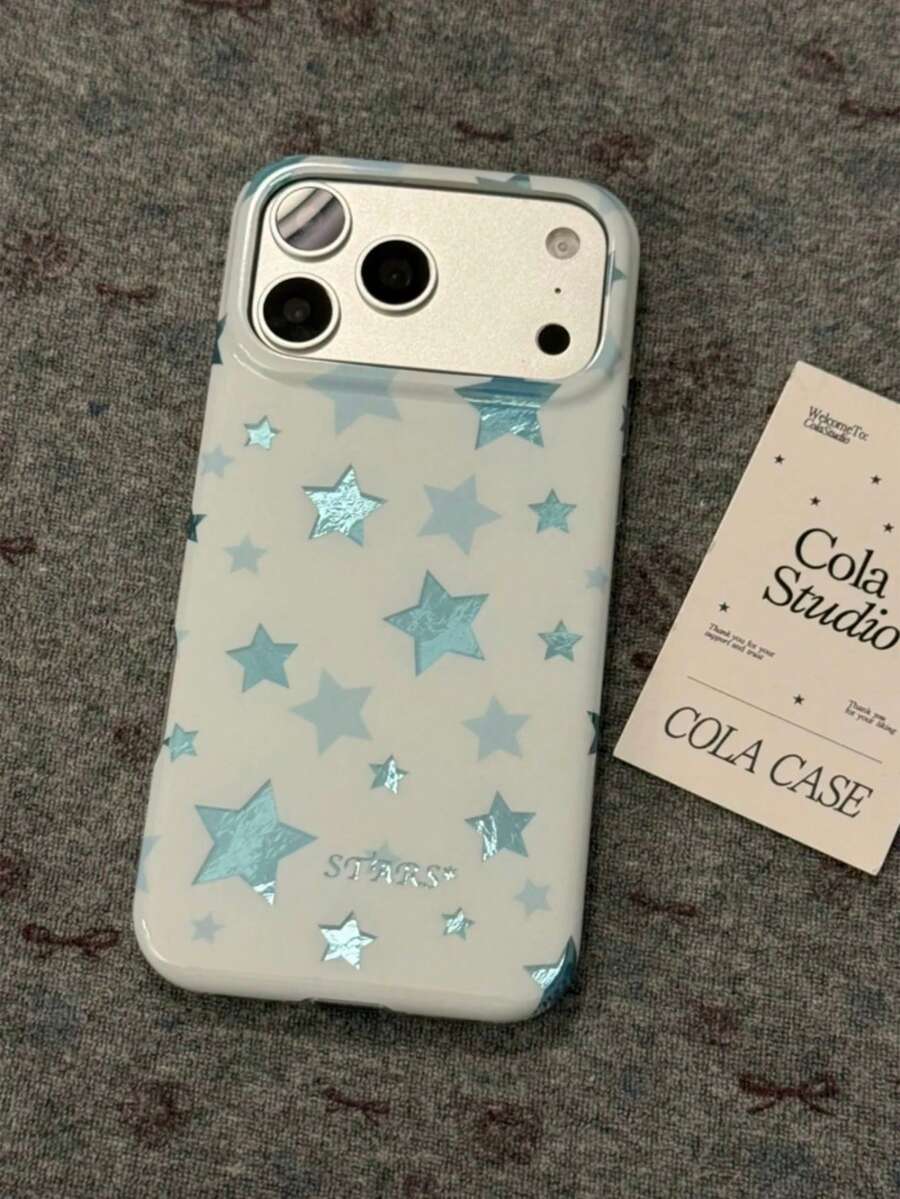 Blue Star Foil Pattern Phone Case Compatible With Apple 17 Pro Max, 17 Pro, 16 Pro, 15 Pro, 14, 18, 18 Pro Max, Women's New Style, Premium Look, Unique, Anti-Drop Protective Cover - Baby Blue - View 1