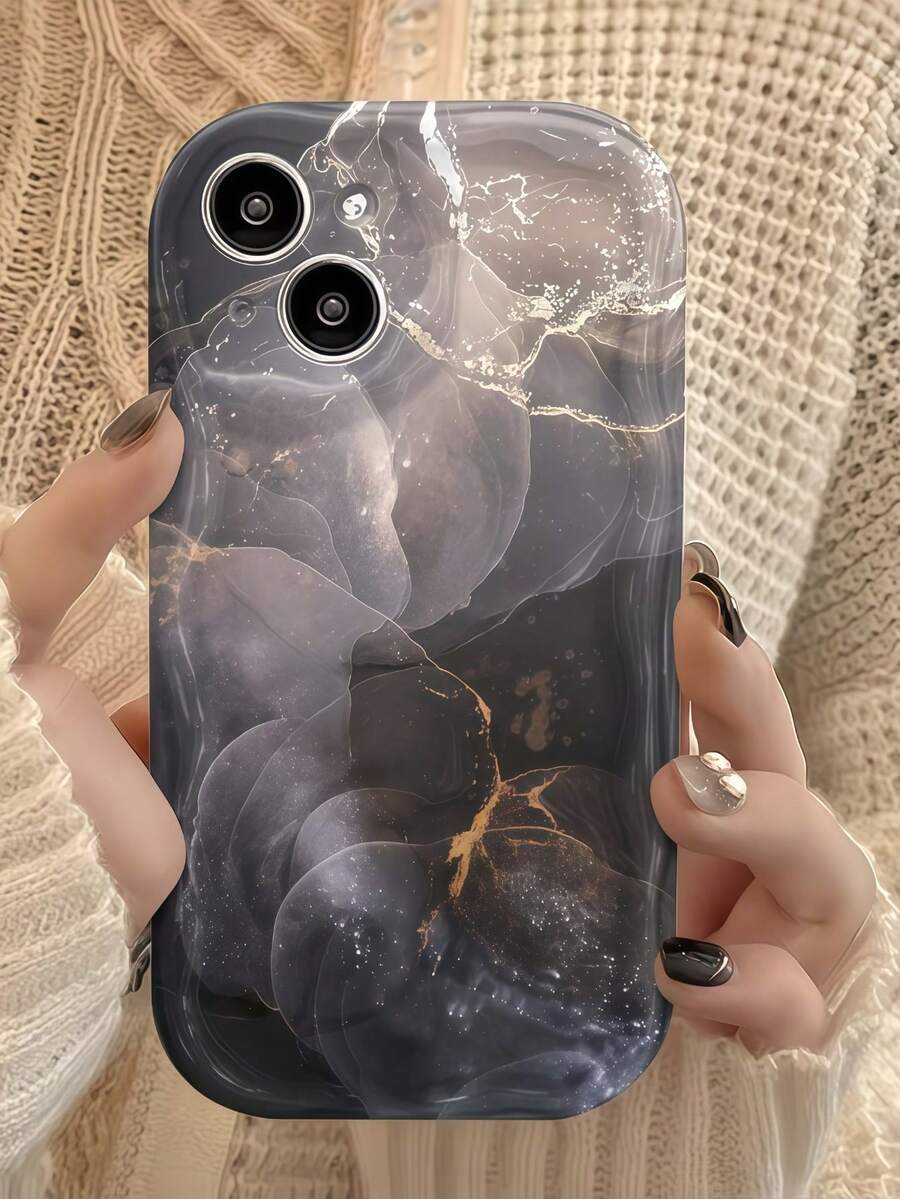 奶油多巴胺波浪荷葉邊軟 TPU 紋理,高級灰色與金色大理石紋手機殼,相容 Galaxy S21 S22 S23 S24 S25 S26/Honor 及其他機型 - 黑色 - 查看 1