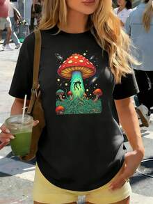 T-Shirt Psichedelica With Funghi E Galassia, Autunno, Fabric Of High Quality, Stamp Of , Casual, Traspirante. - Black - View 6