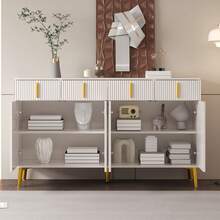 White Sideboard With Golden Handles And Legs, 4 Drawers, 4 Doors - Suitable For Living Room/Dining - 白色 - 查看 10