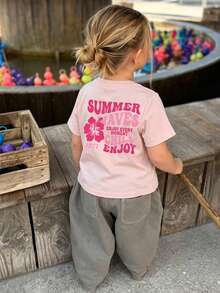 Blusa de manga corta con cuello redondo con estampado lindo de flor y letra para niñas bebé - Rosa - Ver 2