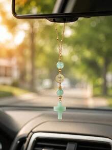Pink Crystal Cross Car Rearview Mirror Hanging Ornament, Bohemian Handmade Sun Catcher With Gold Chain And Natural Stone Beads, Elegant Spiritual Protection Amulet, Suitable For Various Car Interior Decoration - Cross Pendant - View 12