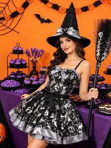 Juego de 3 piezas de disfraz de bruja de calabaza plateada de Halloween, incluye falda de malla estampada + escoba de bruja + sombrero puntiagudo, conjunto de vestido de pequeña bruja, adecuado para eventos de Halloween, fiestas temáticas, bailes de disfraces, actuaciones en el escenario, juegos de rol y disfraces - multicolor - Ver 4