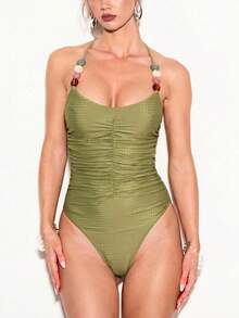 Women's Elegant Solid Color Halter Backless Cross-Tied Beaded Ruffle Textured Bust Pleated Waist One-Piece Swimsuit Vacation Beach Summer - Green - View 1