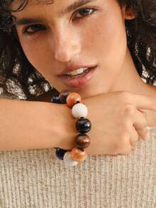 Nocturel 2.0cm Vintage Wood Bead Single Layer Elastic Bracelet For Women - Coffee Brown - View 4