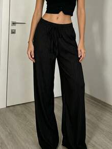 Women's Casual Solid Color Textured Long Pants With Slanted Pockets, Autumn Fabric, Low Waist Straight Leg, Suitable For Daily Wear, Office, Vacation - Black - View 1