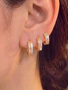 3 Pairs/Set Women's Gold Double-Row Zirconia Ear Cuffs, 3 Different Sizes, Stackable And Mix-And-Match Design, High-Transparency Zirconia With Fine Diamond Trim, Suitable For Daily Wear, Birthday And Holiday Gifts - Multicolor - View 2