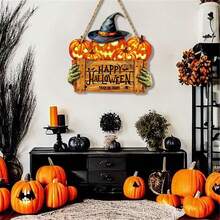 قطعة واحدة من ديكور الحائط الخشبي "Happy Halloween" بتصميم اليقطين المخيف؛ مناسب لديكور الهالوين في غرف المعيشة والنوم والحمامات، وكذلك للحفلات والإعدادات الداخلية/الخارجية. - متعدد الألوان - مشاهدة 4