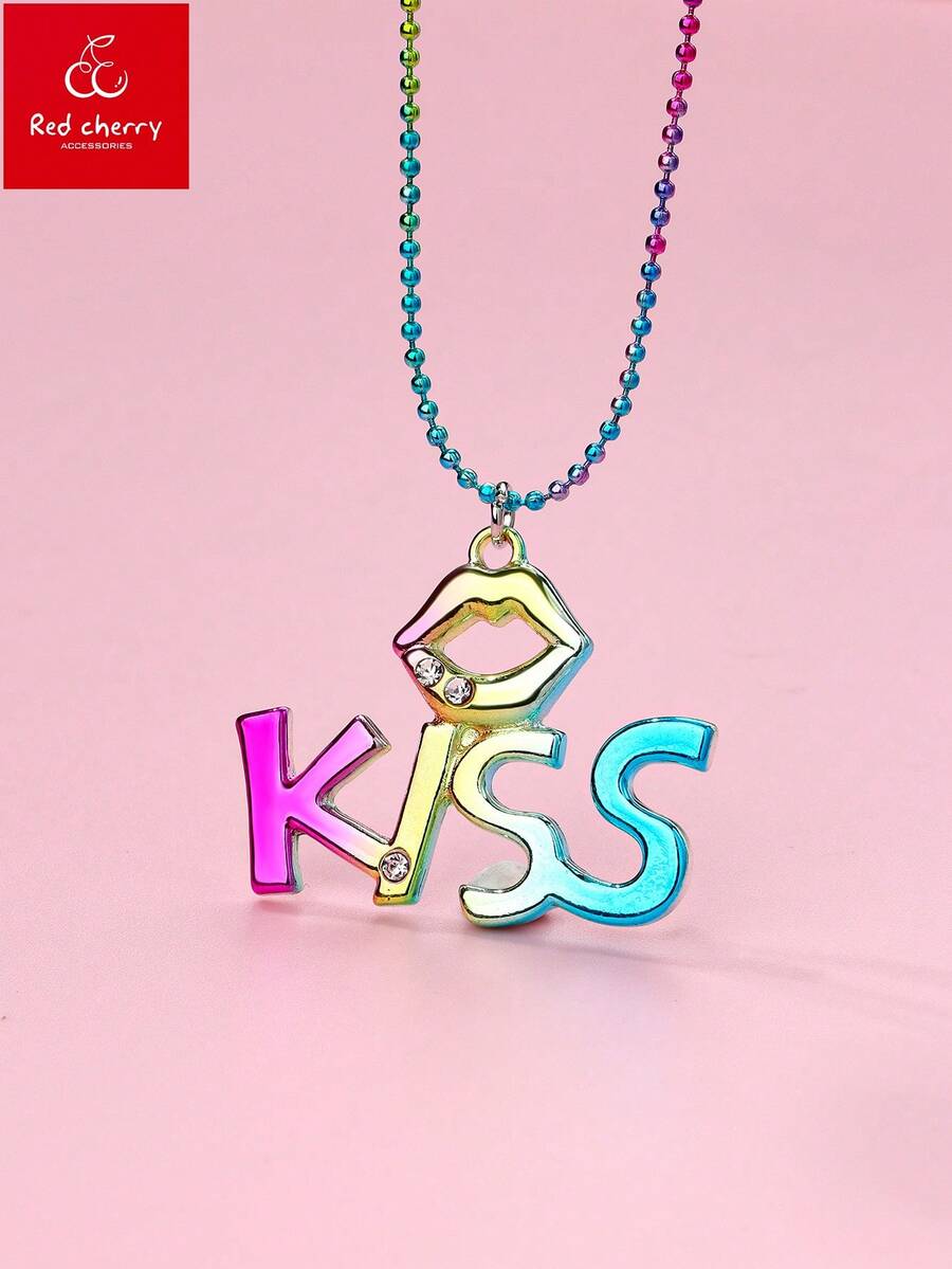 1pc Minimalist Fashion Vacuum Gradient Color Lip Letter KISS Pendant Necklace, Suitable For All Seasons/Gift/Holiday Wear For Kids - Multicolor - View 1