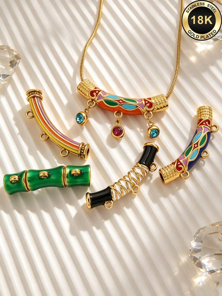 1Pc 18K Gold Plated Vintage Enamel Boho Curved Tube Connector Charms For Jewelry Making, DIY Jewelry Making Supplies For Necklace Bracelet - Connecting Ring - View 1